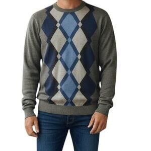 TRICOTS ST RAPHAEL Argyle Diamond Sweater Men M Lightweight Knit Navy Blue Gray